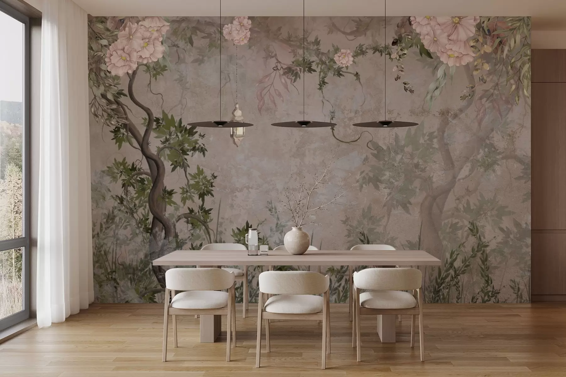 peintures murales Jardin de fées avec fleurs, arbres et lanterne w04416