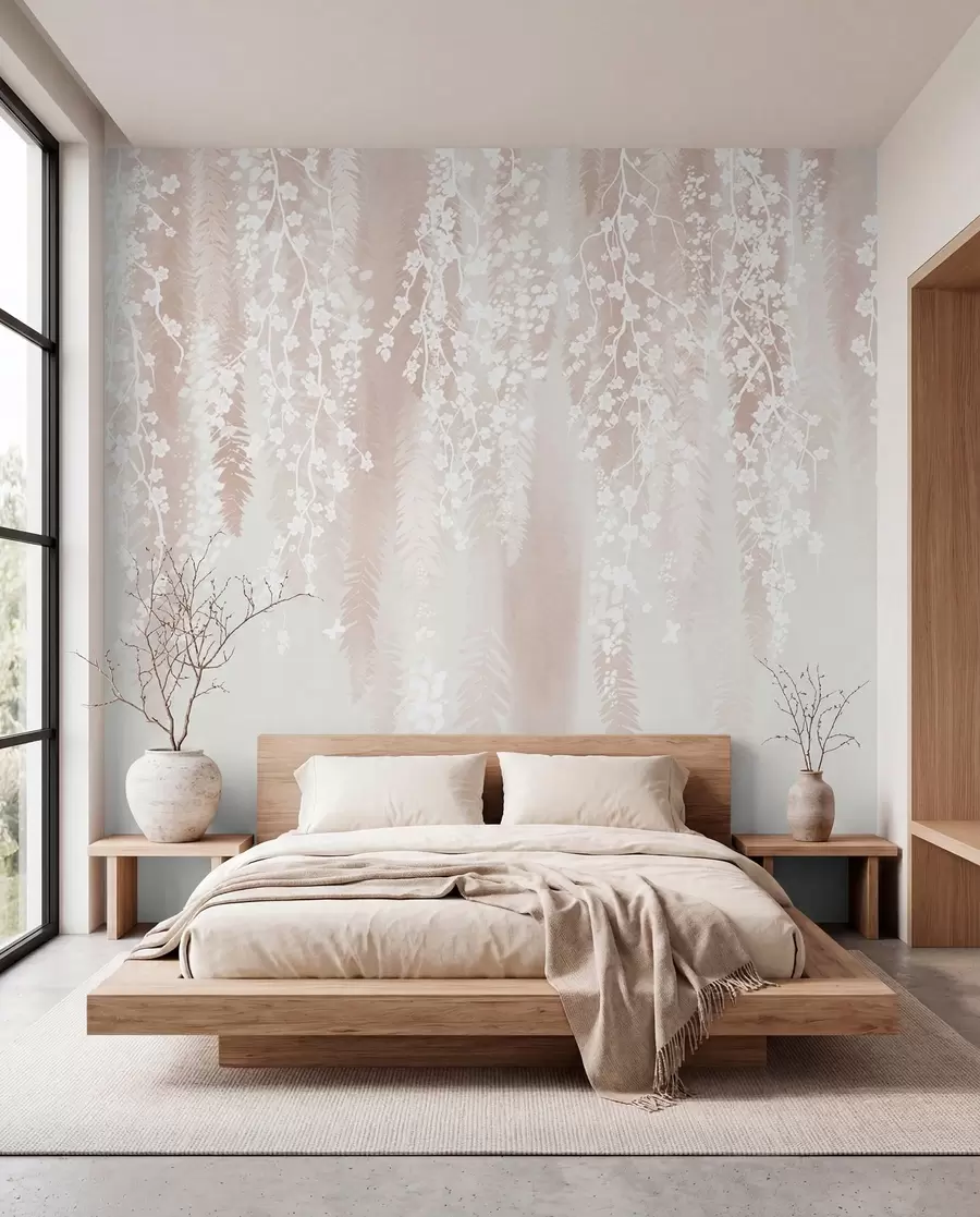 wall murals Light branches with white flowers on a gentle background w04417