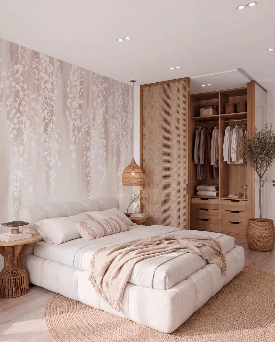 wall murals Light branches with white flowers on a gentle background w04417
