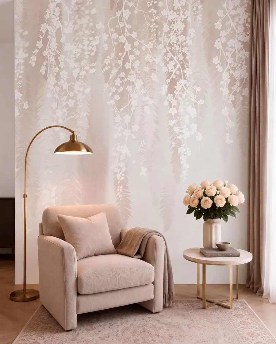 wall murals Light branches with white flowers on a gentle background w04417