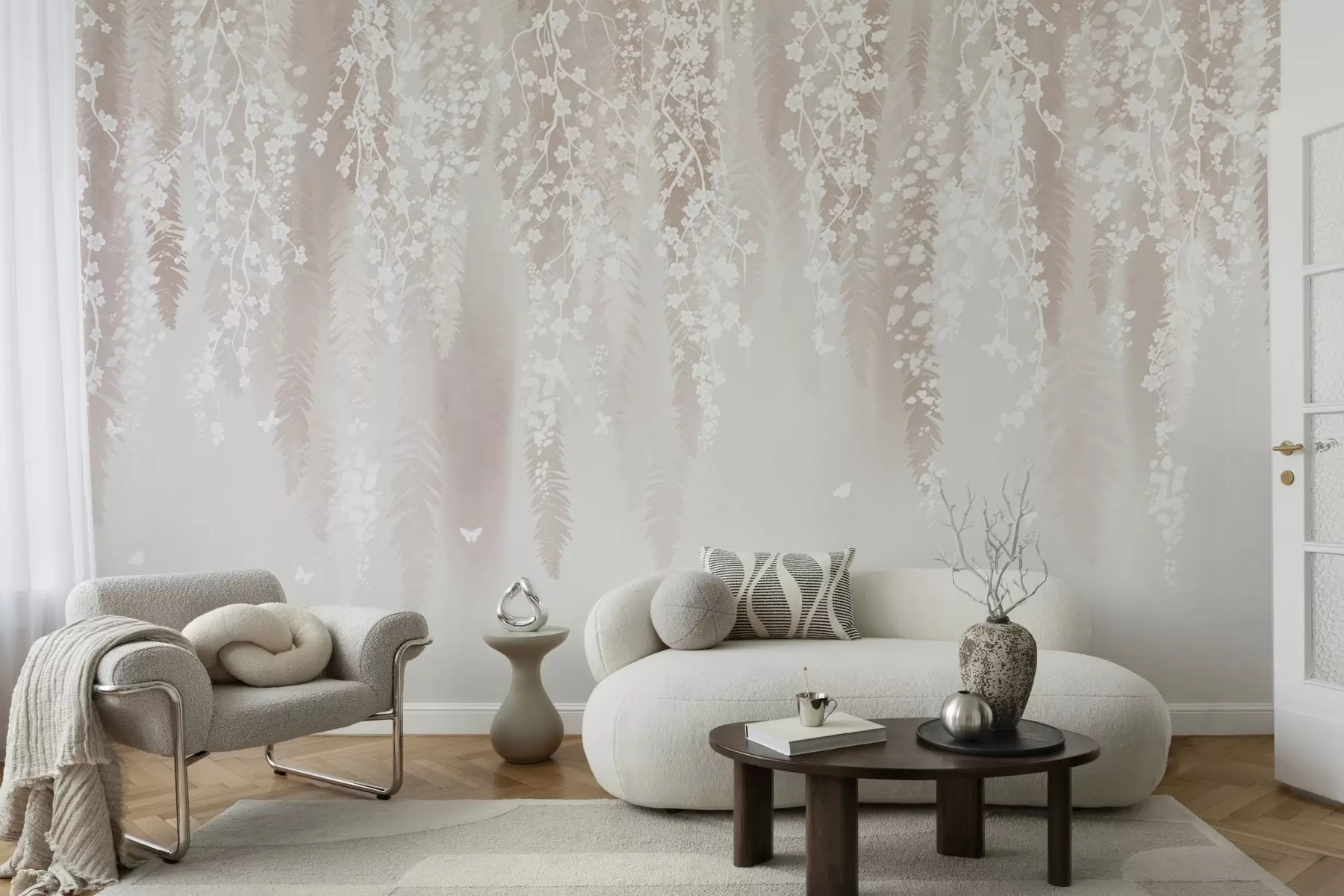 murales Ramas ligeras con flores blancas sobre un fondo suave w04417