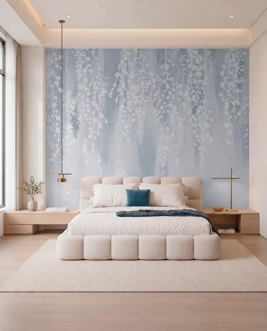 murales Fresca versión azul de ramas con flores blancas w04417v2