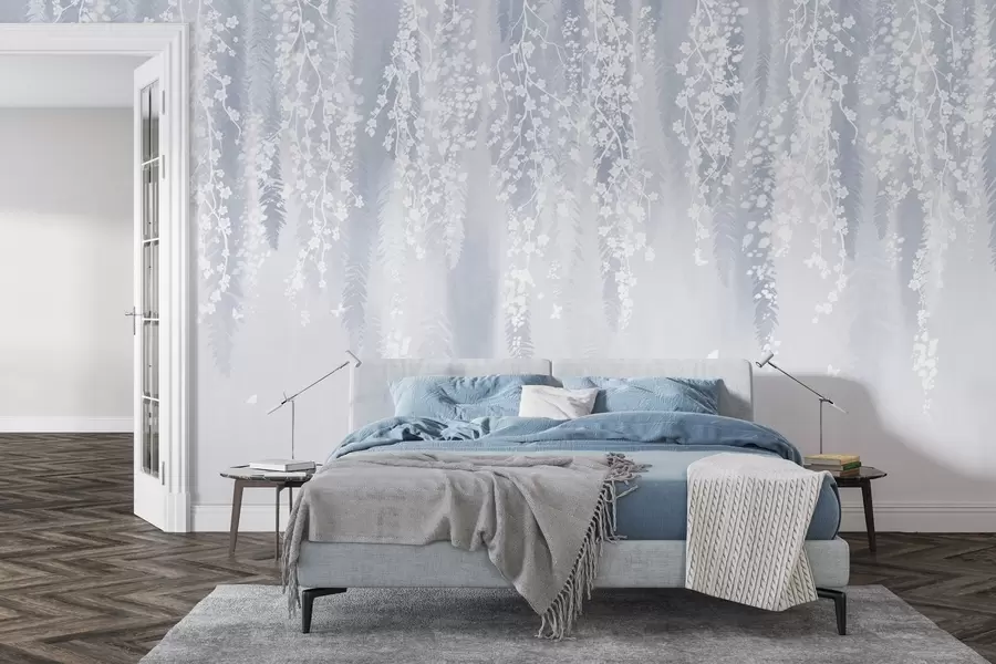 Wall Mural Photo Wallpaper Cool blue version of branches with white flowers w04417v2