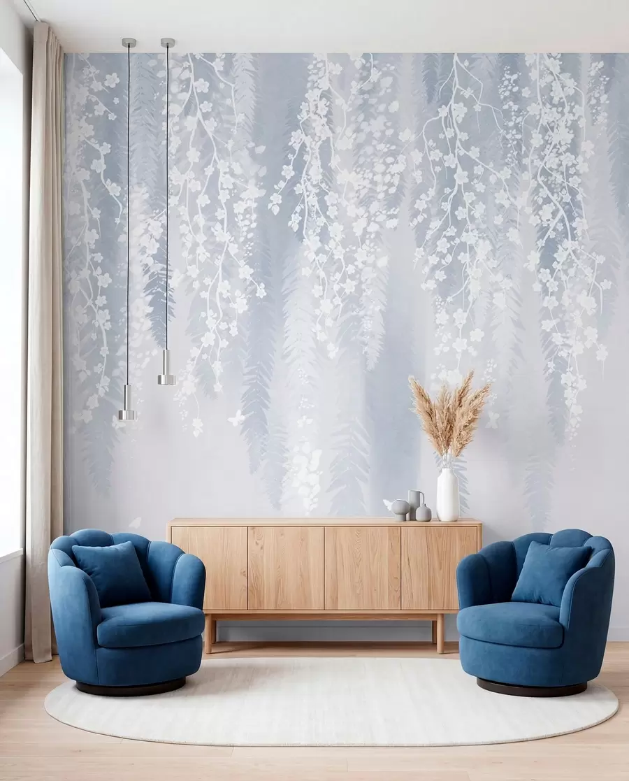 wall murals Cool blue version of branches with white flowers w04417v2