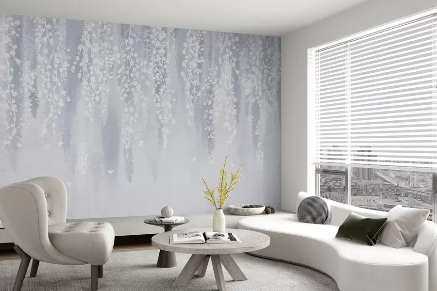 murais de parede Versão azul fresca de ramos com flores brancas w04417v2