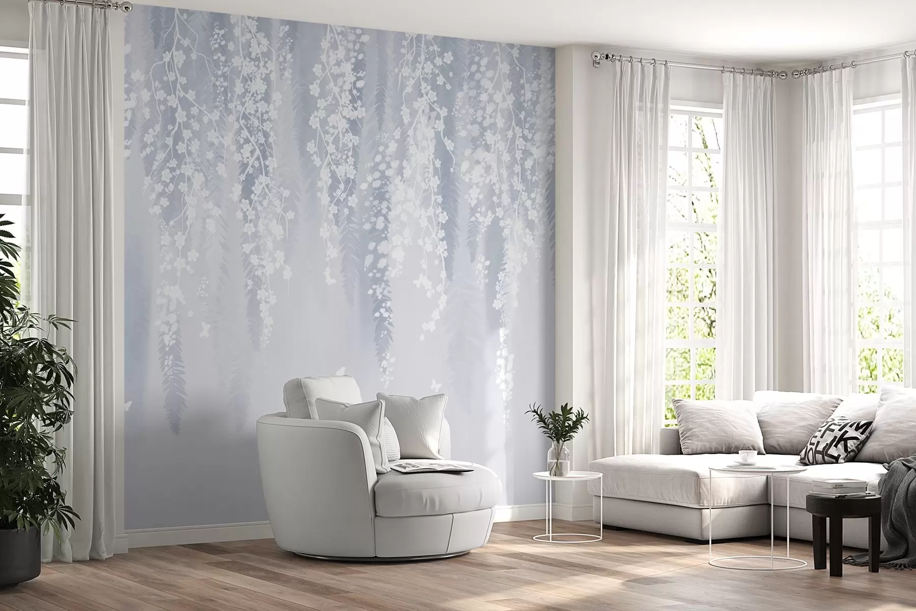 murales Fresca versión azul de ramas con flores blancas w04417v2