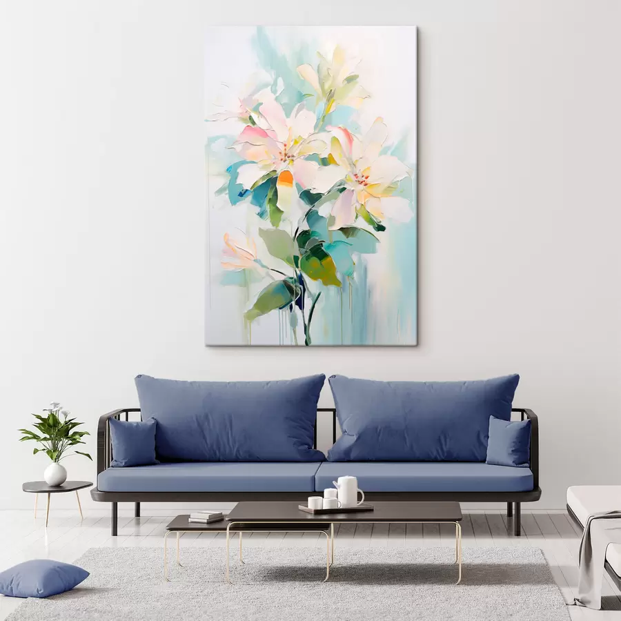 murales Flores con acentos de color, hojas verdes, pinceladas suaves imitación pintura al óleo, fondo azul claro s45549