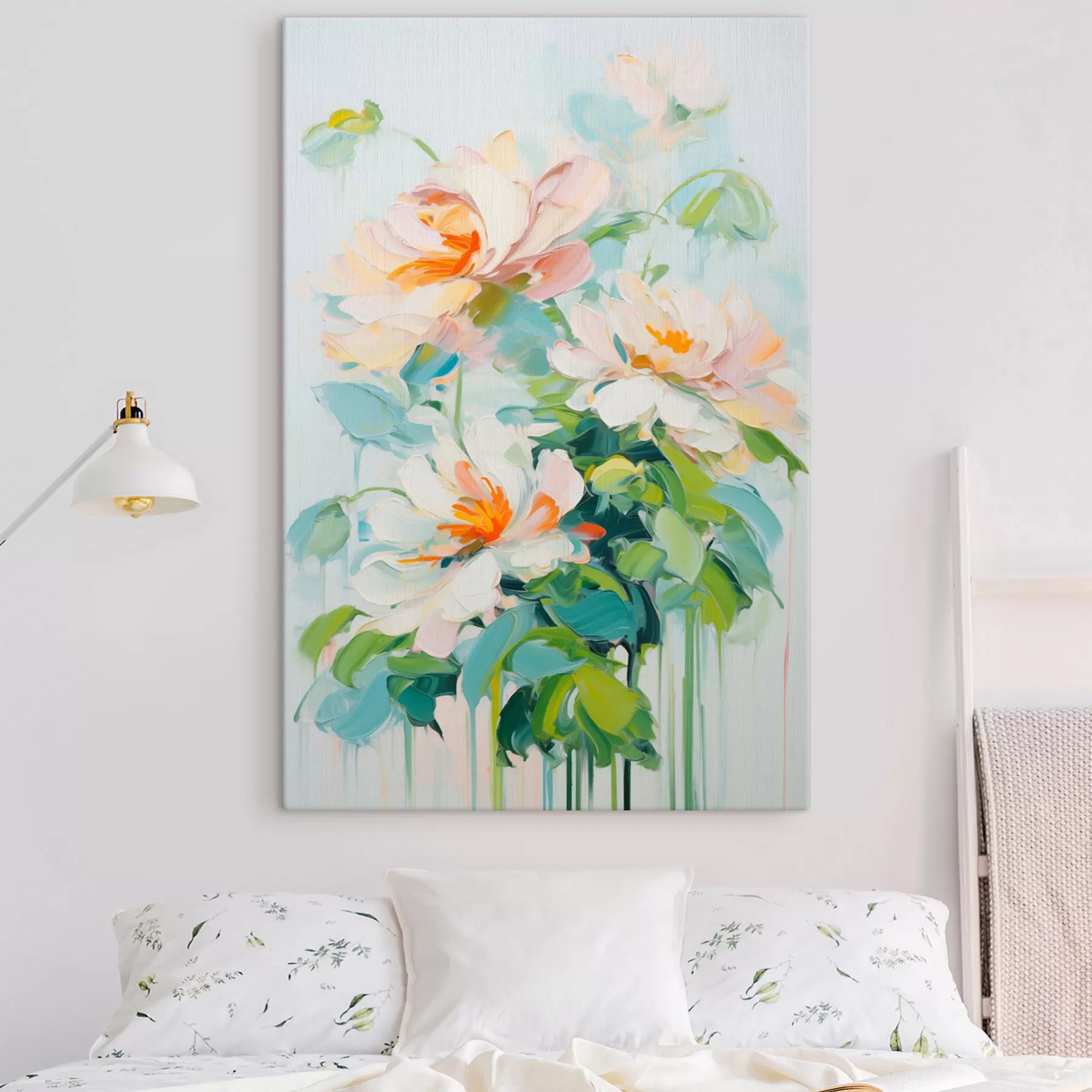 wall murals White and pastel peach flowers, green leaves, soft brushstrokes oil painting imitation, light blue background s45550