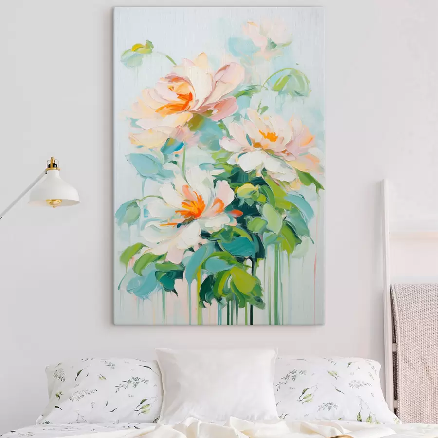 murales Flores blancas y pastel melocotón, hojas verdes, pinceladas suaves imitación pintura al óleo, fondo azul claro s45550