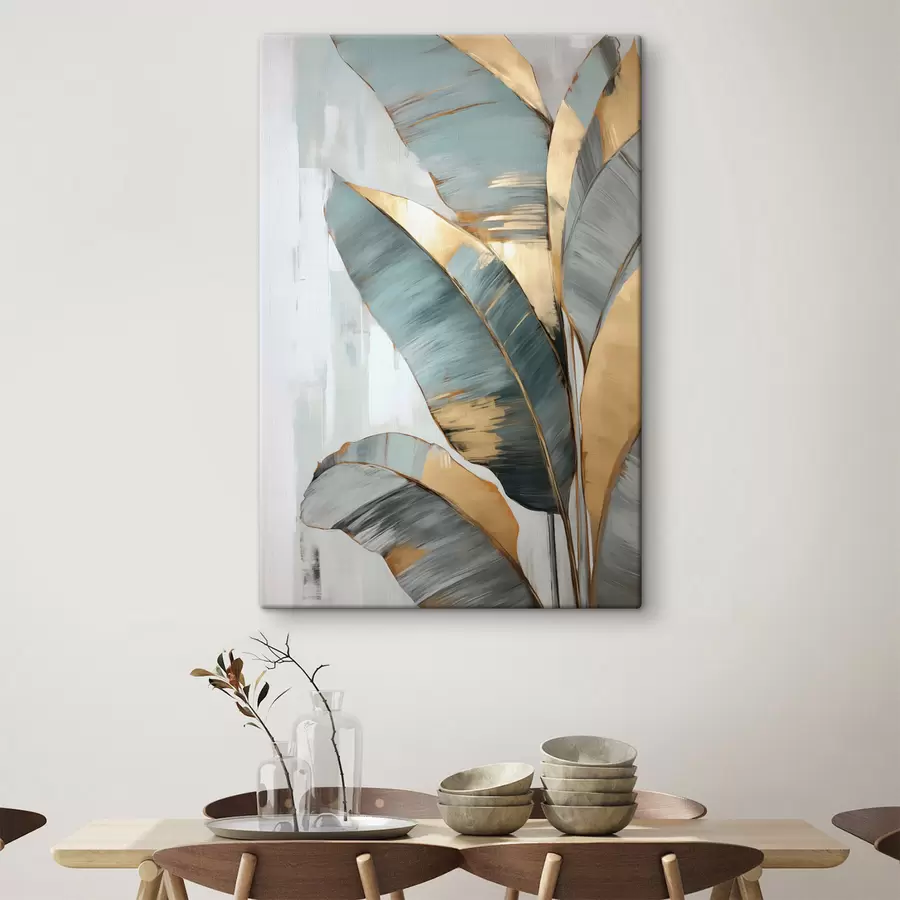 wall murals A set of muted blue, gray and yellow banana leaves with visible brush strokes, in a white abstract background s45551