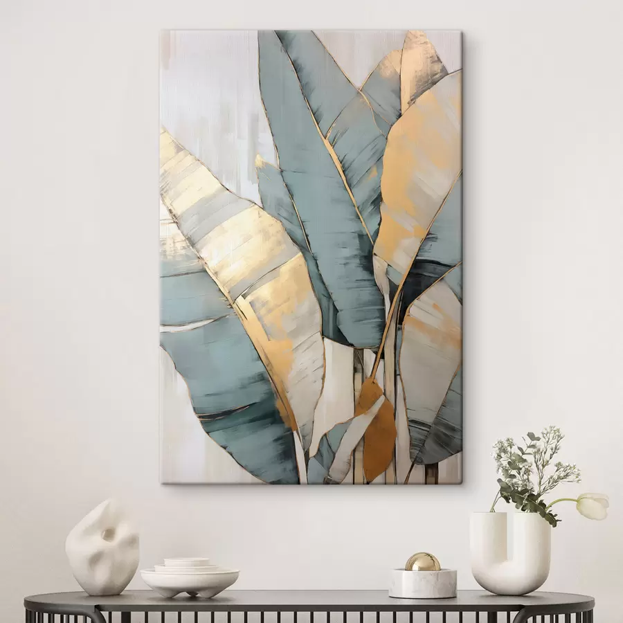 murales Hojas de plátano azules, grises y amarillas con pinceladas visibles, sobre un fondo blanco abstracto s45552