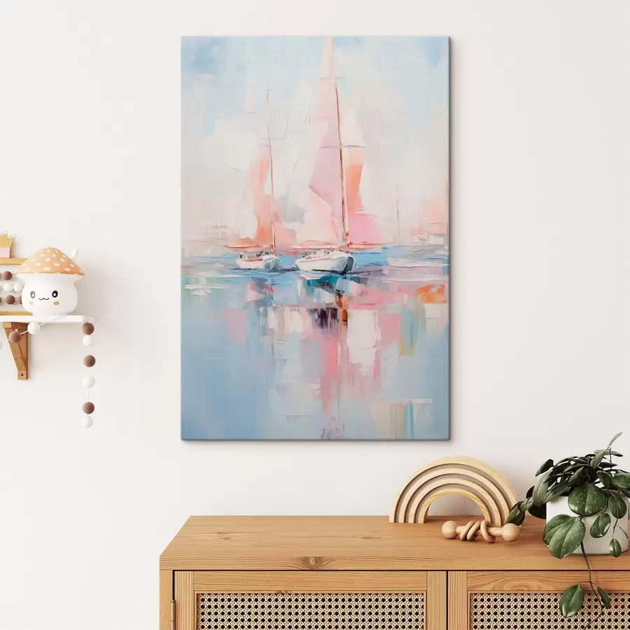 wall murals Sailboats with pink sails floating on a calm sea, reflections of the boats in the water, soft pastel colors s45557