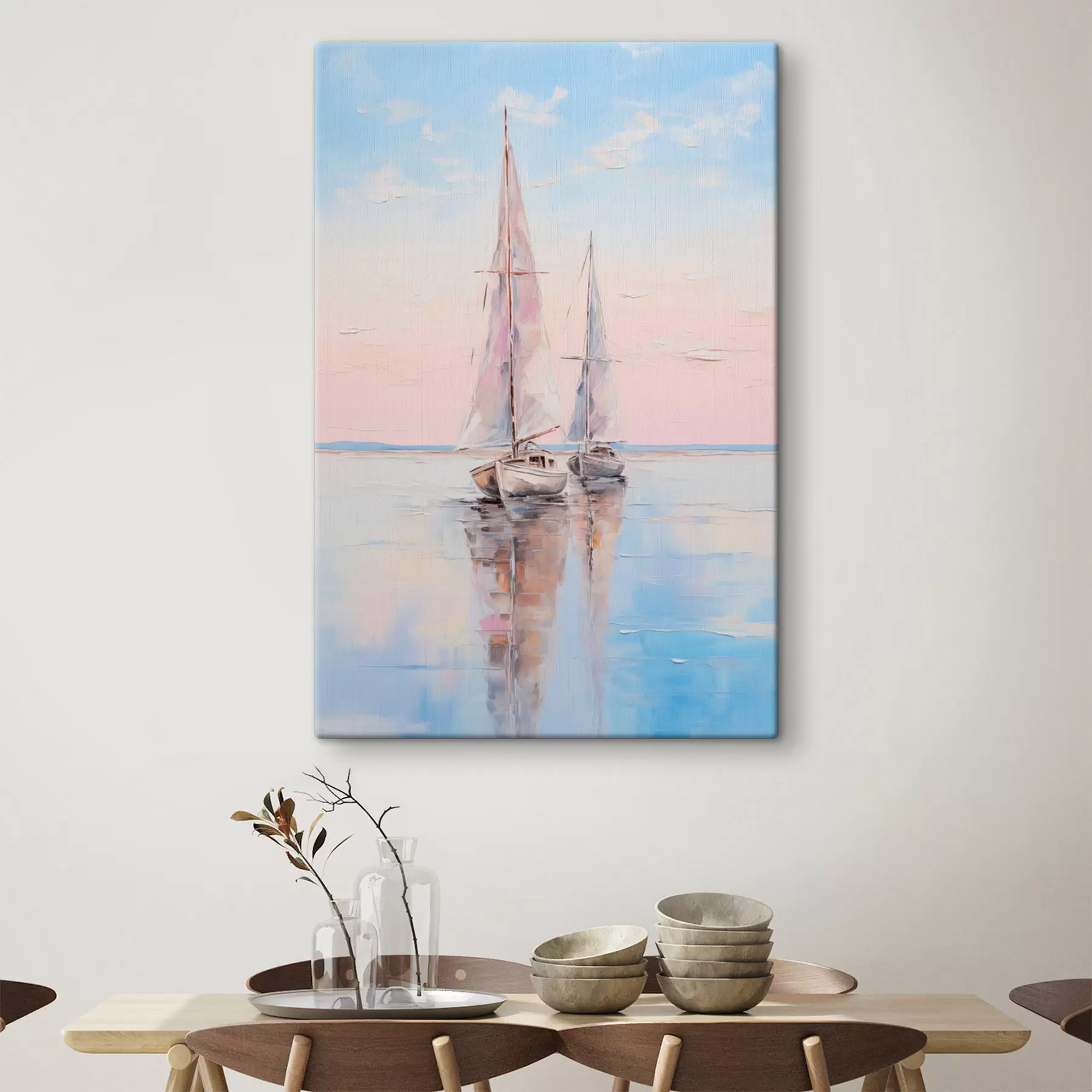 wall murals Sailboats with pink sails floating on a calm sea, reflections of the boats in the water, soft pastel colors s45558