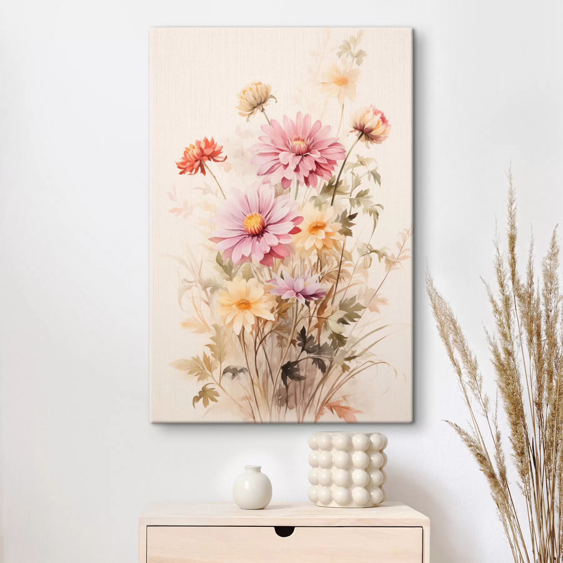 murales Un ramo de flores de colores, estilo acuarela suave, sobre un fondo claro, ilustración botánica s45560