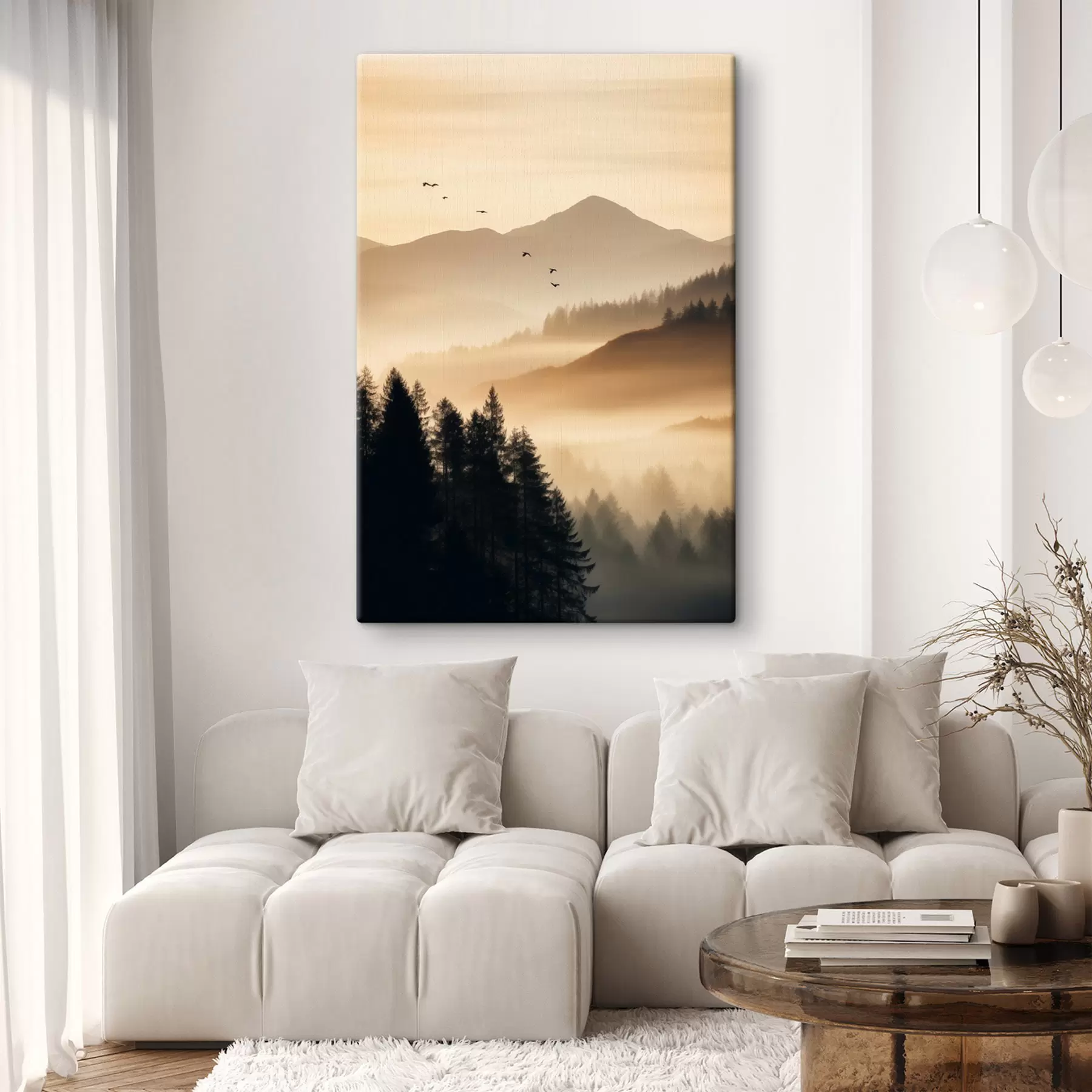 wall murals A mountain landscape with a forest and birds flying in the sky , all covered in a thick layer of fog during sunrise s45563