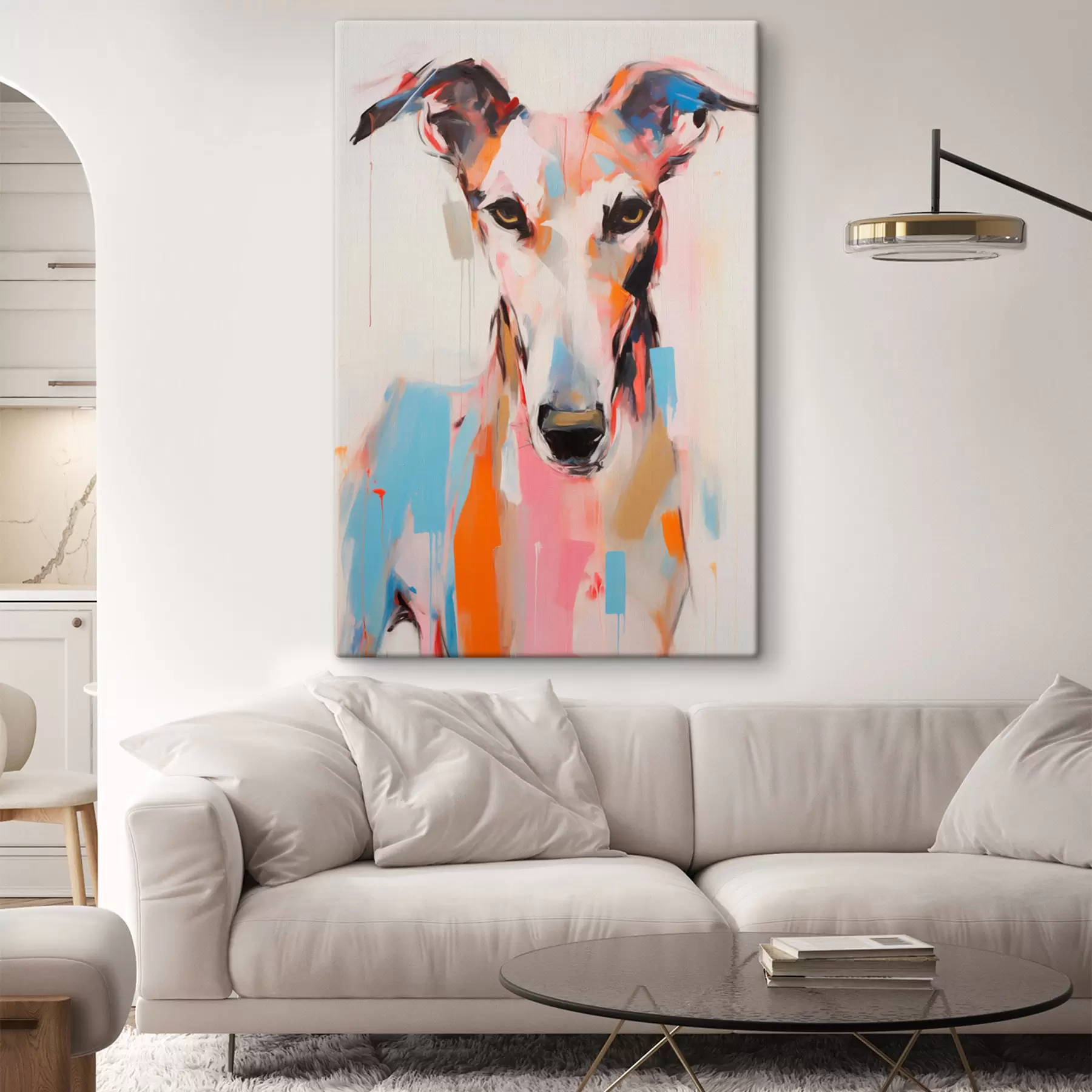 murales Un perro galgo, pintado con colores vibrantes como el naranja, el rosa y el azul, sobre un fondo blanco liso s45565