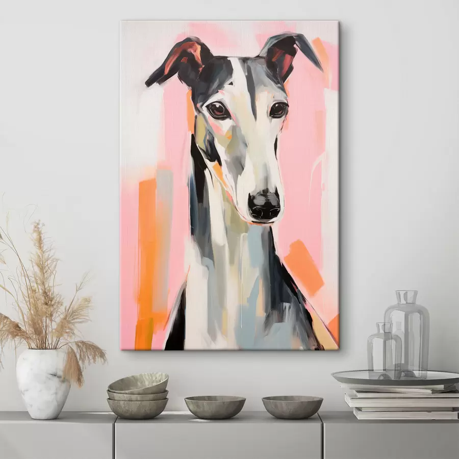 murales Un galgo sobre un fondo de pinceladas rosas, naranjas y blancas s45566
