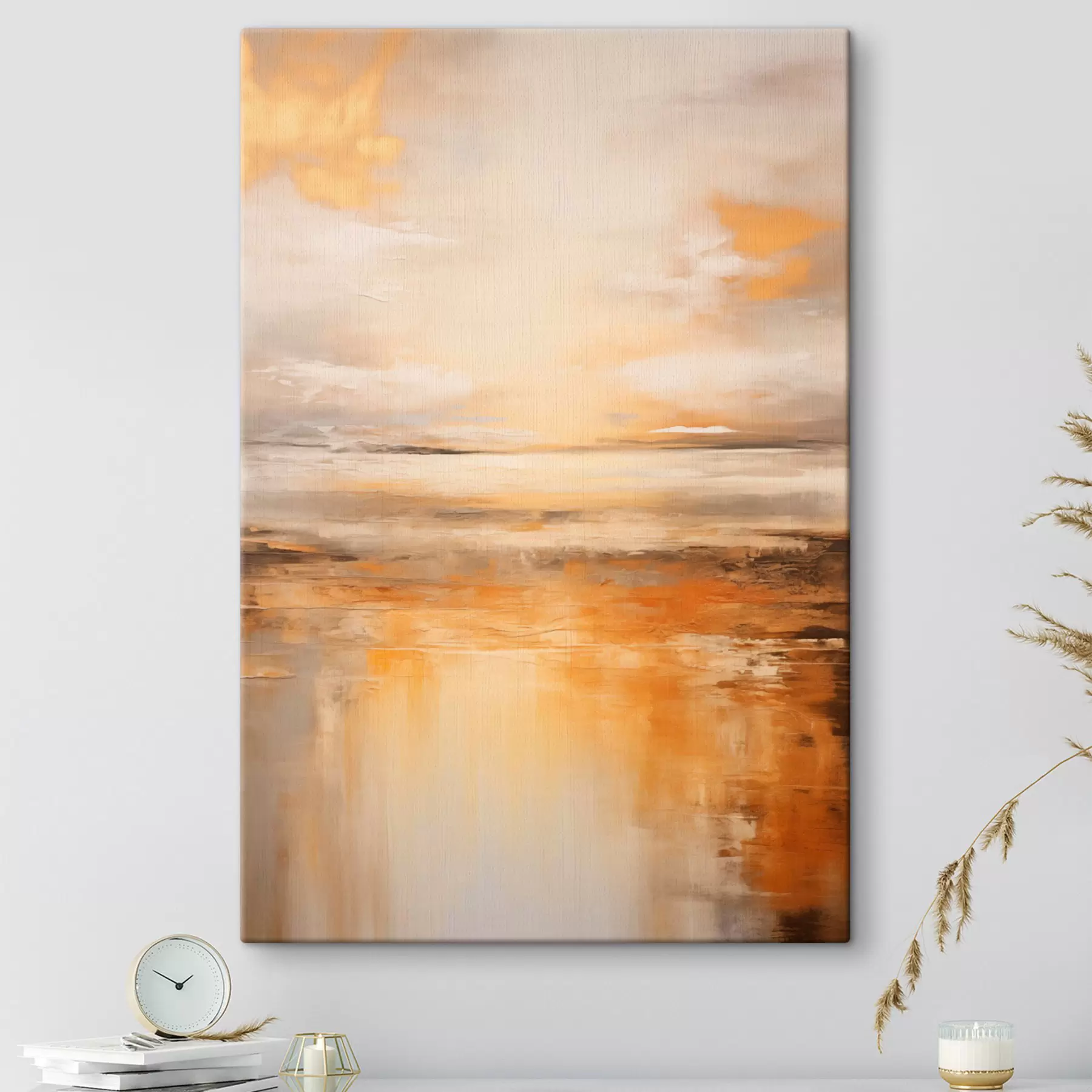 wall murals An abstract painting of a beach landscape with a calm ocean , orange sand and a cloudy sky with sun s45567