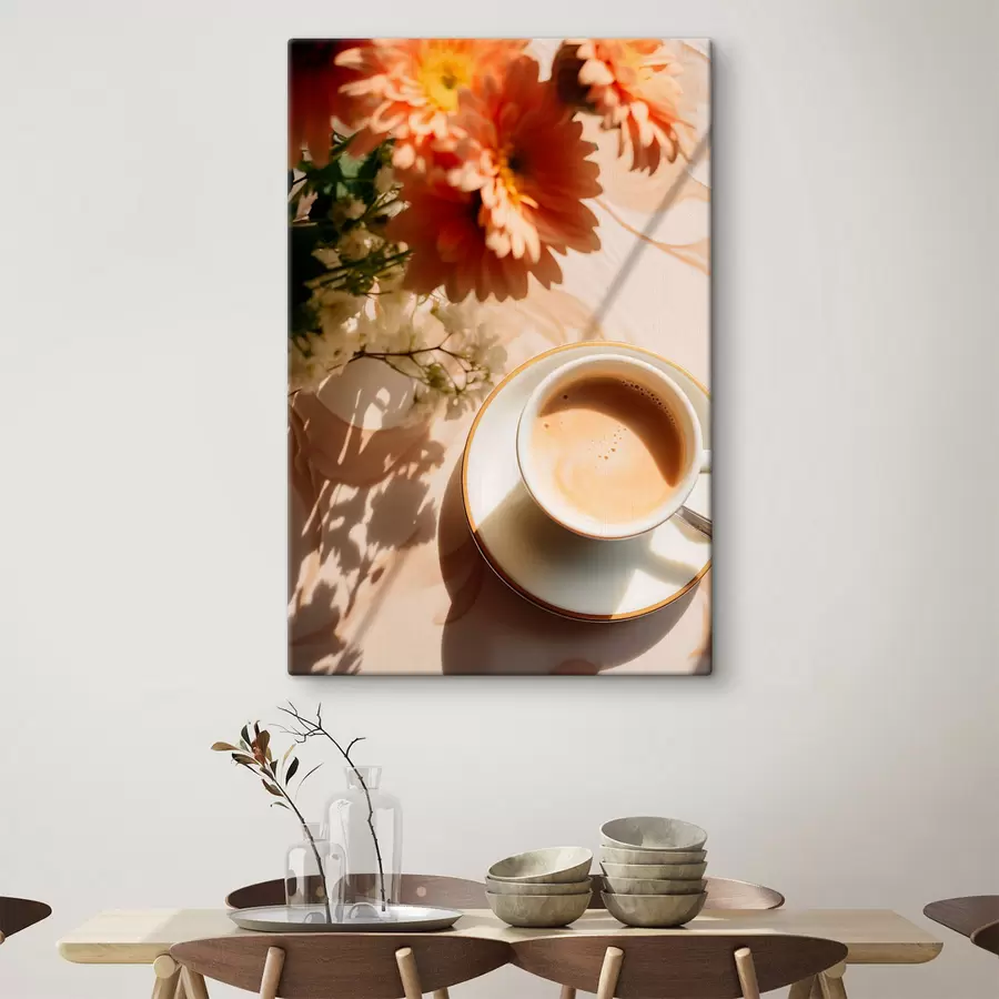 murales Una taza de café con espuma en un plato blanco, unas flores al fondo, con luz solar s45570