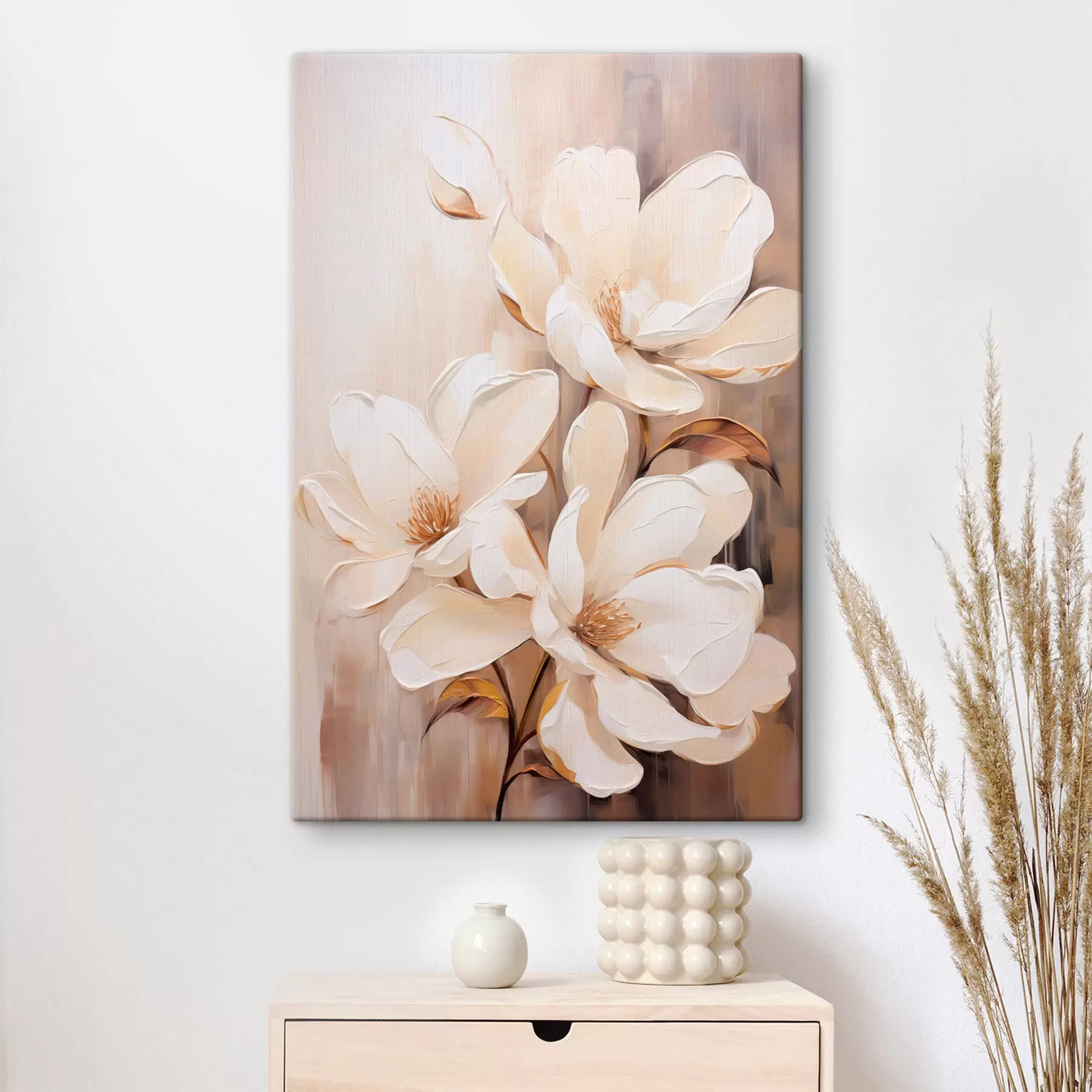 wall murals White magnolia flowers against a soft, blurred background of beige and brown tones, elegant floral composition s45571