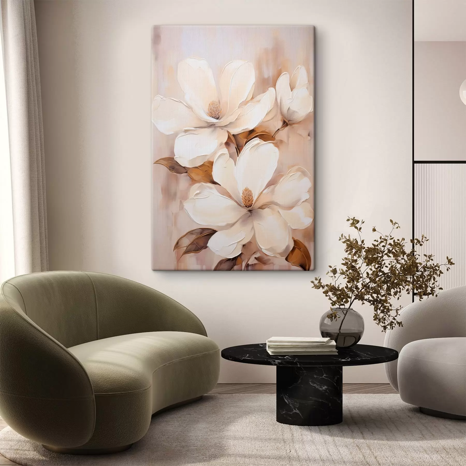 wall murals White magnolia flowers against a soft, blurred background of beige and brown tones, painting style s45572