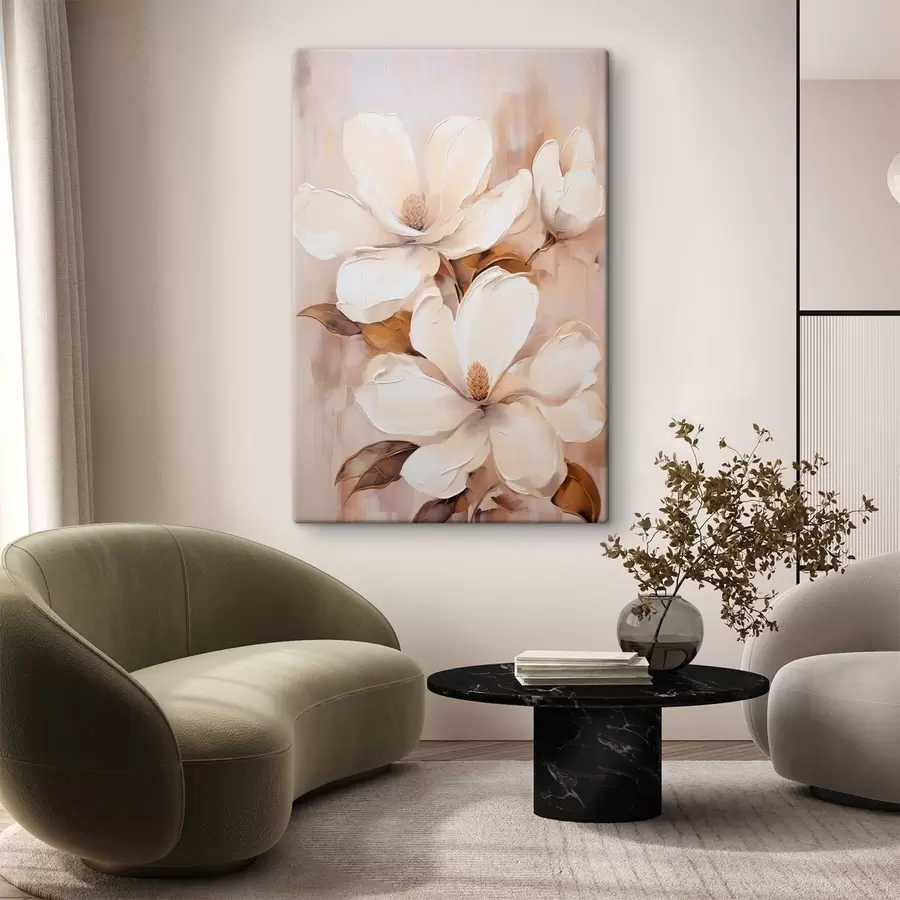 murales Flores blancas de magnolia sobre un fondo suave y difuminado de tonos beige y marrones, estilo pintura s45572
