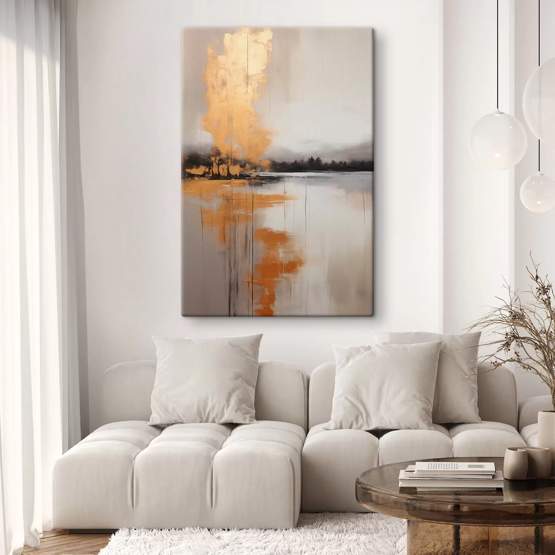 murales Un paisaje abstracto con un lago, un árbol y niebla amarilla , el agua se refleja y el cielo nublado s45575