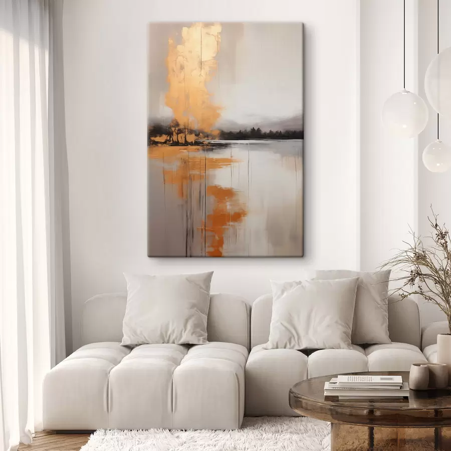 murales Un paisaje abstracto con un lago, un árbol y niebla amarilla , el agua se refleja y el cielo nublado s45575