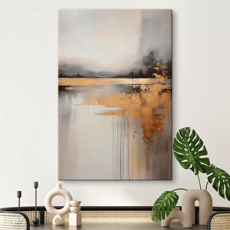 wall murals Abstract textured landscape with a river and dark trees in the background, the sky is cloudy s45576