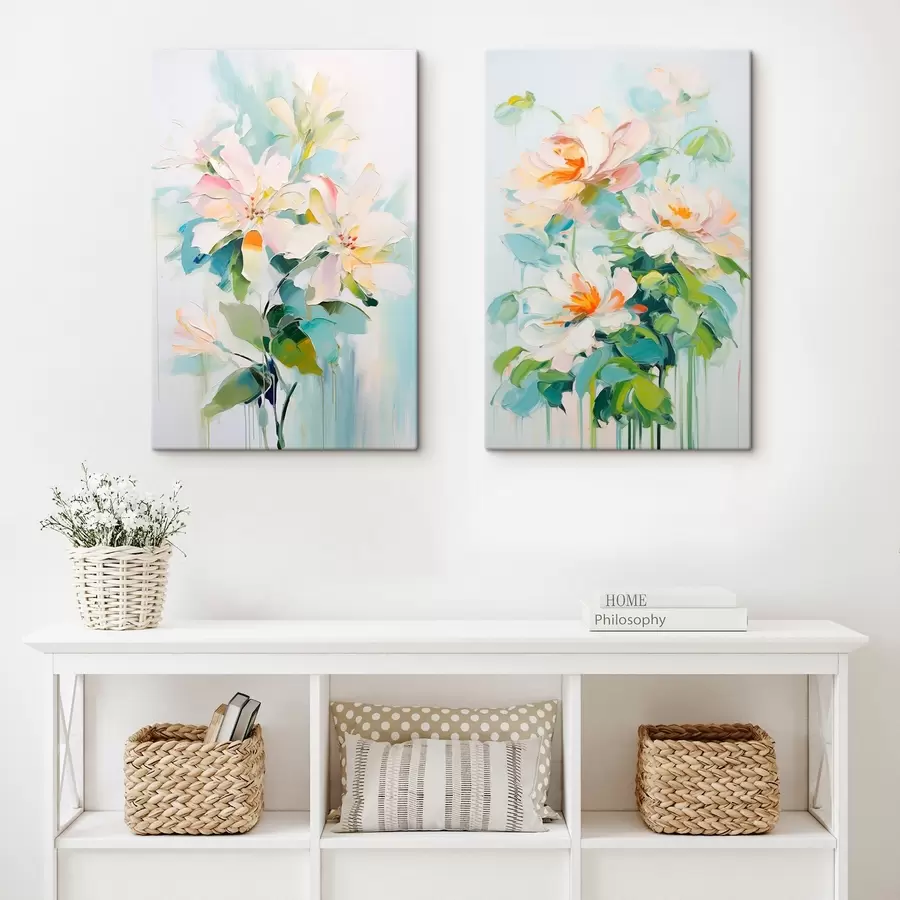 wall murals White and pastel peach flowers, green leaves, soft brushstrokes oil painting imitation, light blue background m00644