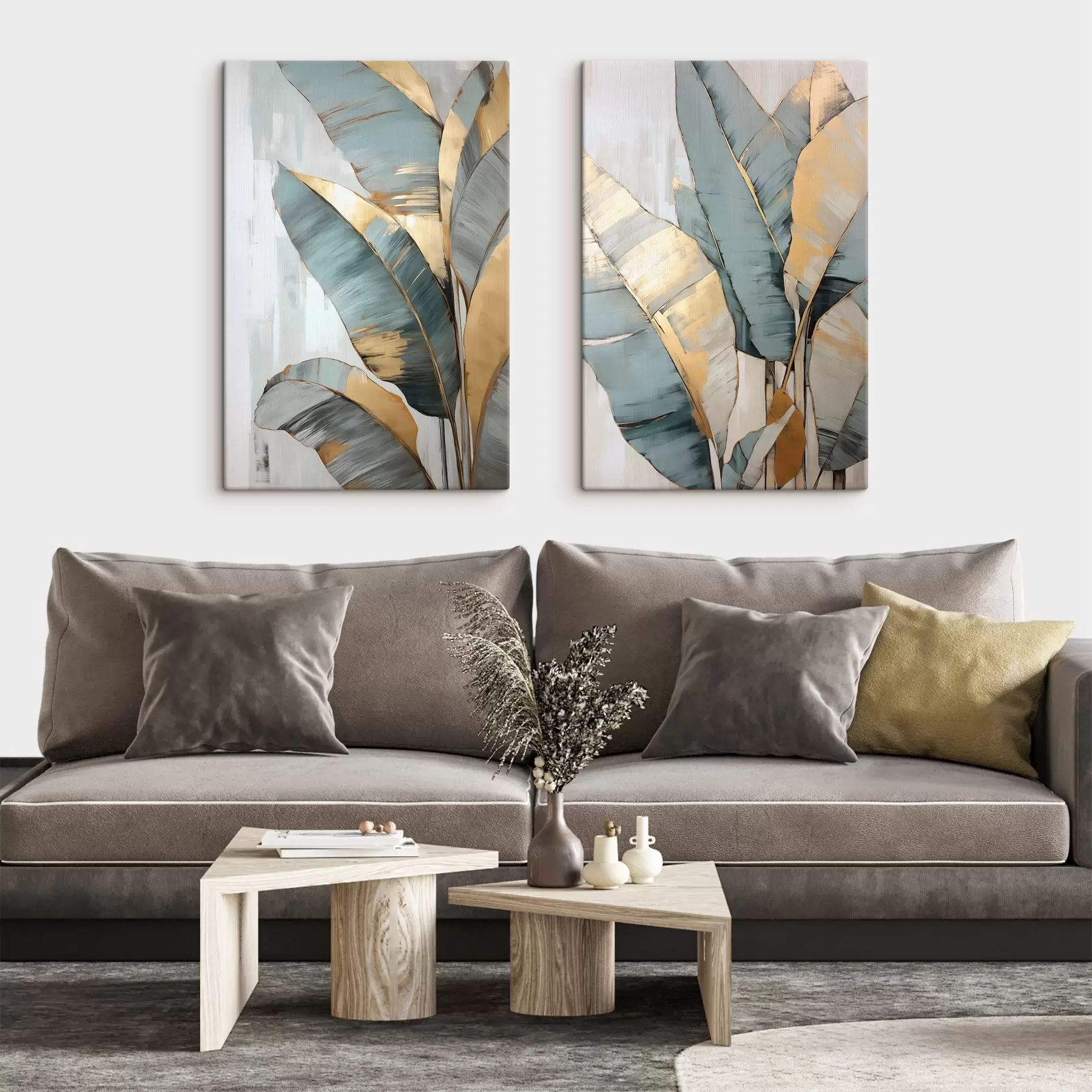 wall murals A set of muted blue, gray and yellow banana leaves with visible brush strokes, in a white abstract background m00645