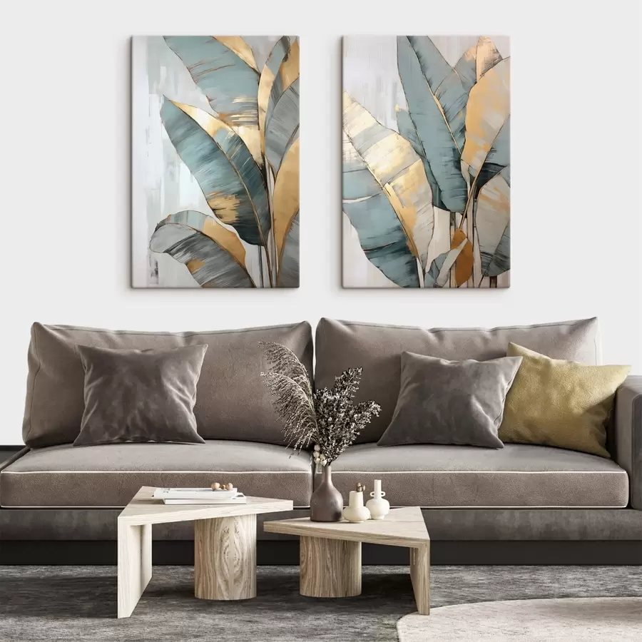 wall murals A set of muted blue, gray and yellow banana leaves with visible brush strokes, in a white abstract background m00645