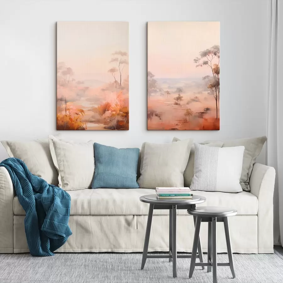 murales Un paisaje con arbustos y árboles en tonos rosas, naranjas y marrones, con montañas al fondo m00646