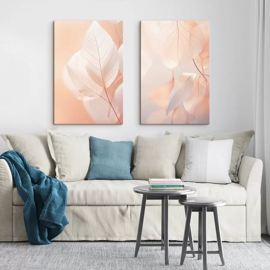 murales Primer plano de hojas translúcidas con delicadas venas, suave paleta de colores melocotón y blanco, fondo difuminado m00647