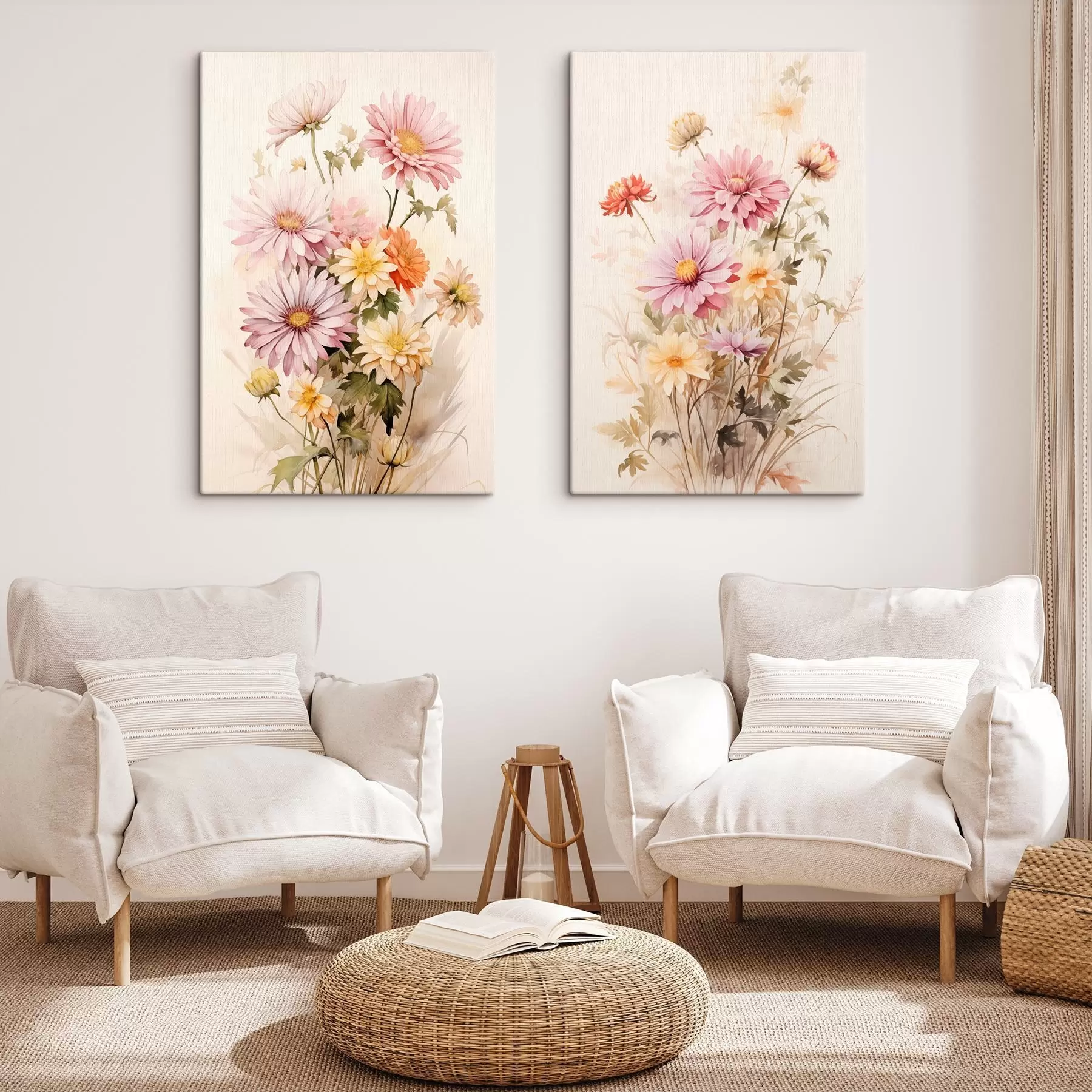 wall murals A bouquet of colorful flowers, soft watercolor style, on a light background, botanical illustration  m00649