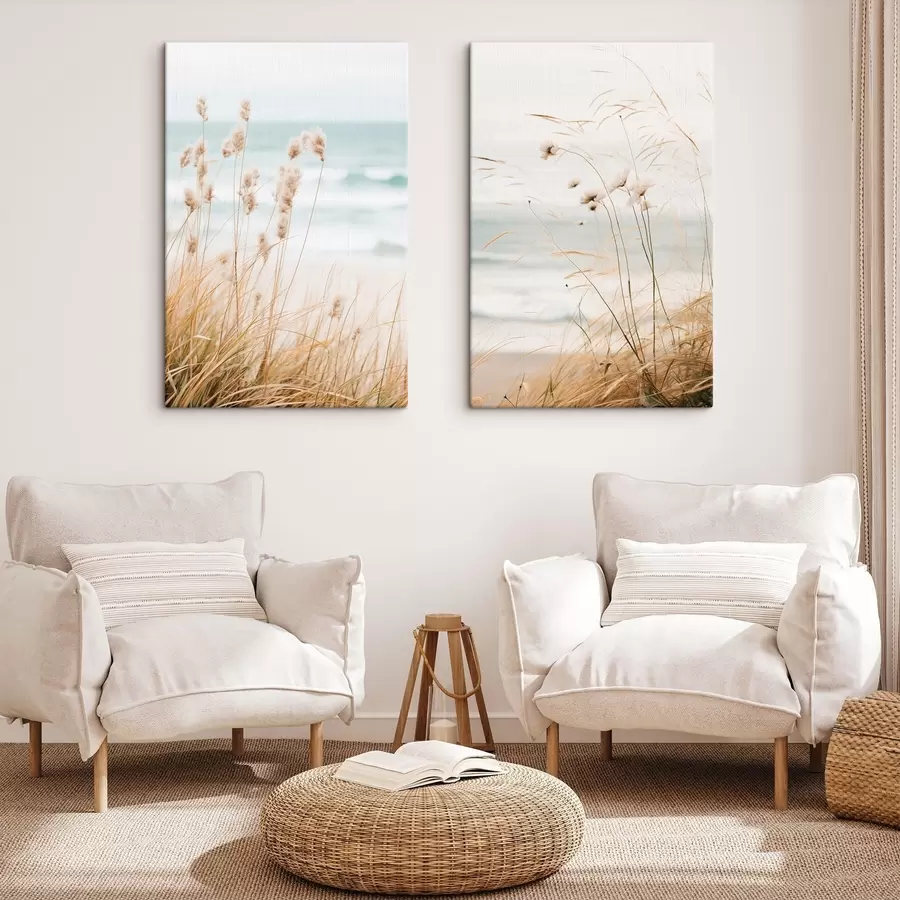 wall murals Tall grass with fluffy seed heads, sandy beach and ocean waves in the background, soft and muted color palette m00650