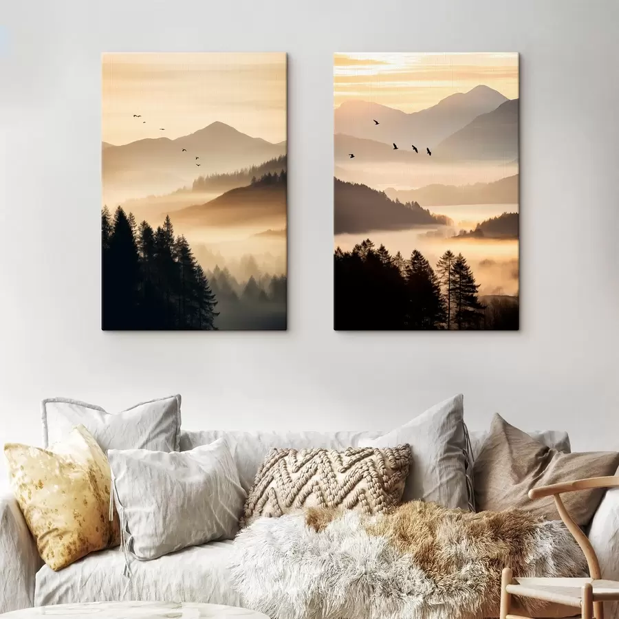 wall murals A mountain landscape with a forest and birds flying in the sky , all covered in a thick layer of fog during sunrise m00651