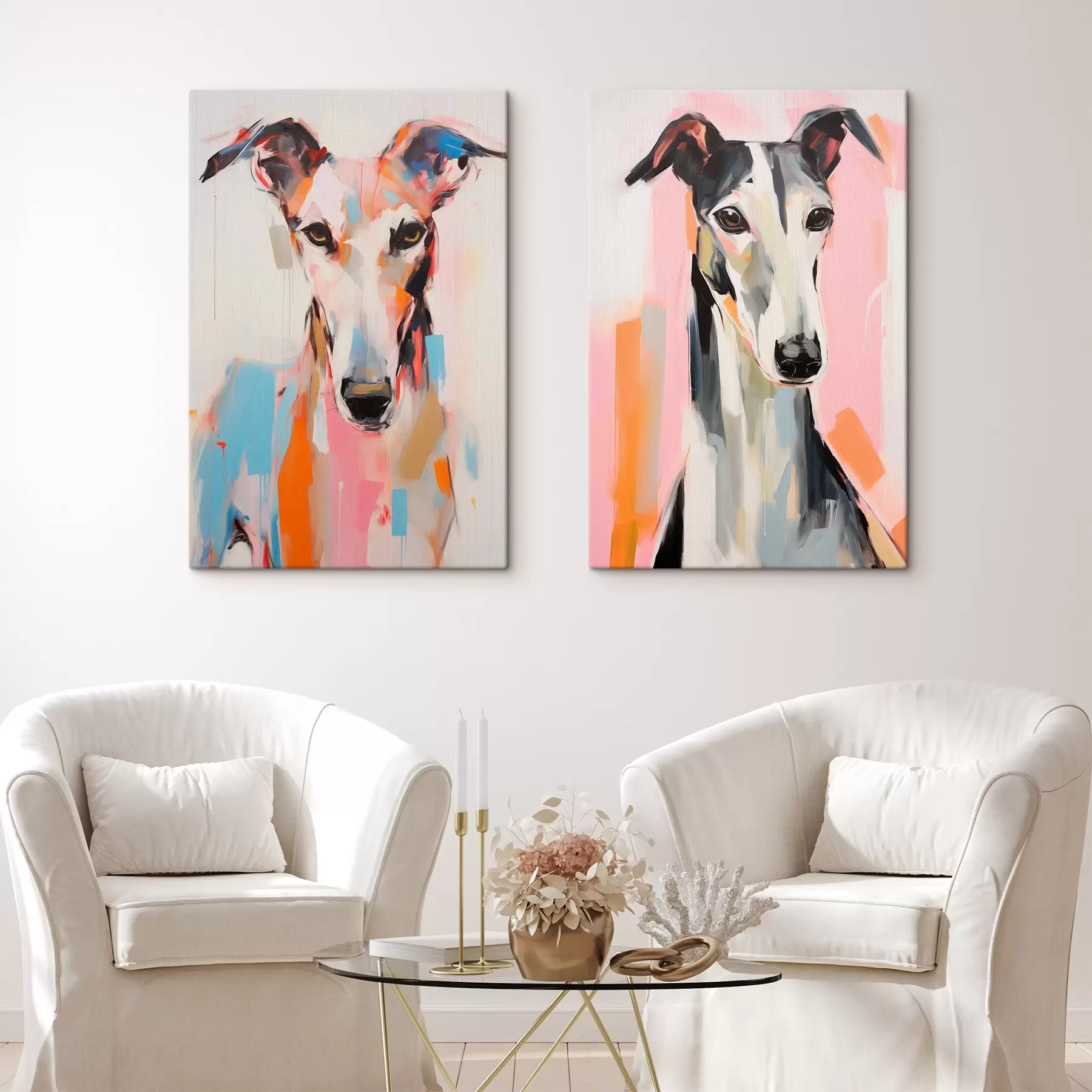 wall murals A greyhound dog, painted with vibrant colors like orange, pink, and blue, against a plain white background m00652