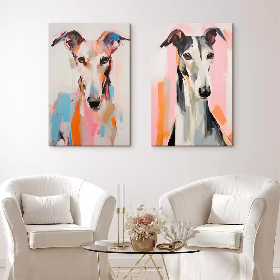 murales Un perro galgo, pintado con colores vibrantes como el naranja, el rosa y el azul, sobre un fondo blanco liso m00652