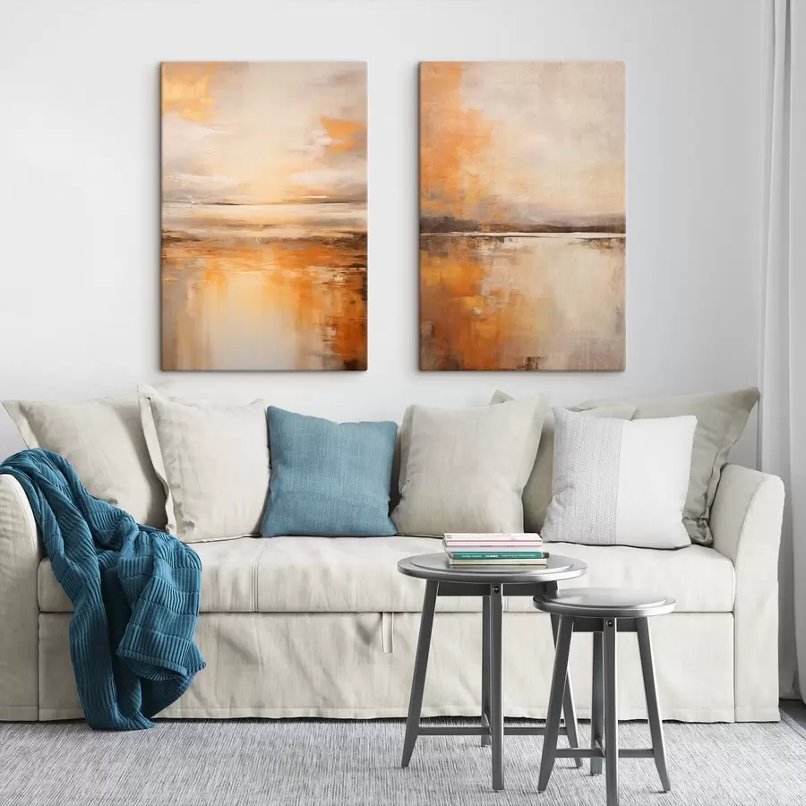 wall murals An abstract painting of a beach landscape with a calm ocean , orange sand and a cloudy sky with sun m00653