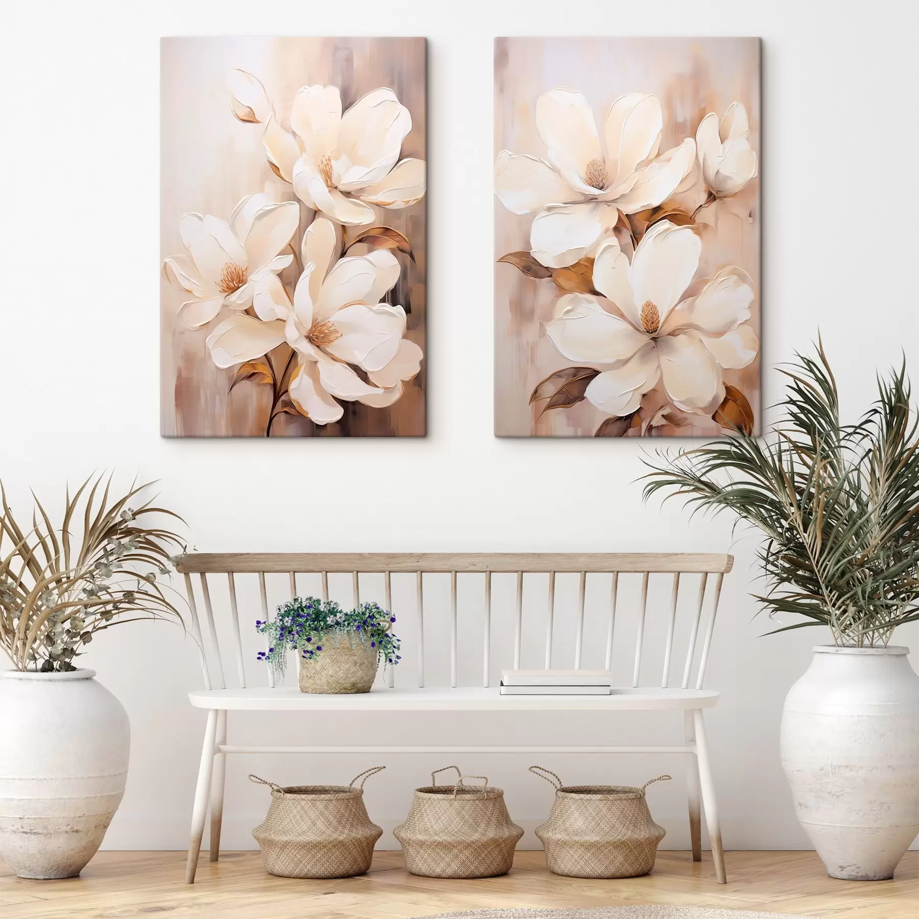 wall murals White magnolia flowers against a soft, blurred background of beige and brown tones, painting style m00655