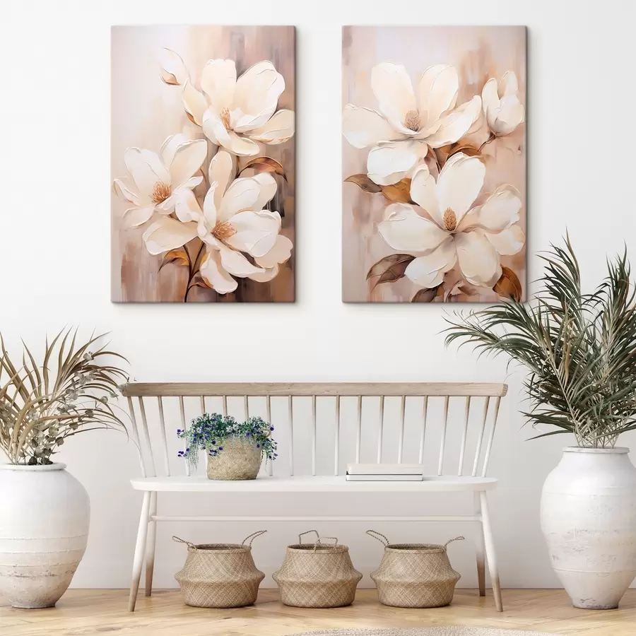 murales Flores blancas de magnolia sobre un fondo suave y difuminado de tonos beige y marrones, estilo pintura m00655