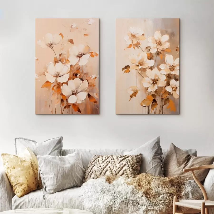 wall murals White flowers with orange leaves, delicate brushstrokes, warm color palette, elegant composition m00656