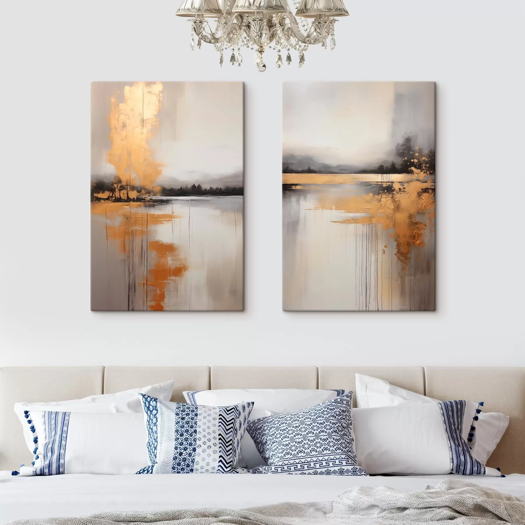 wall murals An abstract landscape with a lake, tree and yellow fog , the water reflects and cloudy sky m00657
