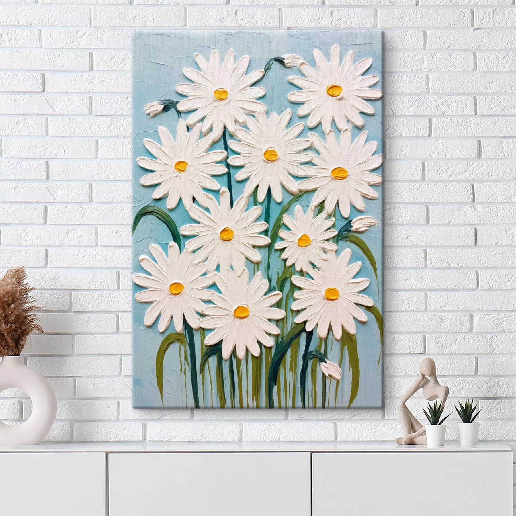 wall murals Daisies in the style of relief painting: composition on a blue background s45527