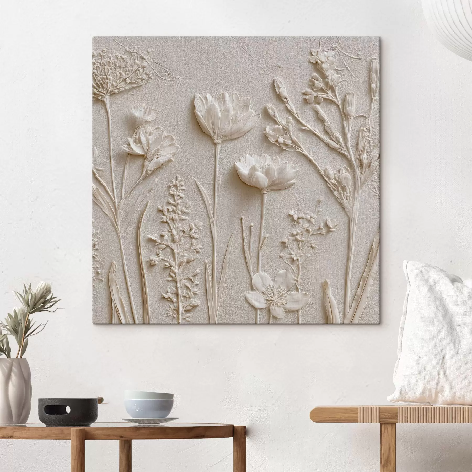 murales Composición abstracta: estilo bajorrelieve con flores sobre fondo claro s45535