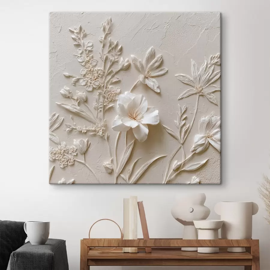 wall murals Floral motif: bas-relief style with plants on a light background s45536