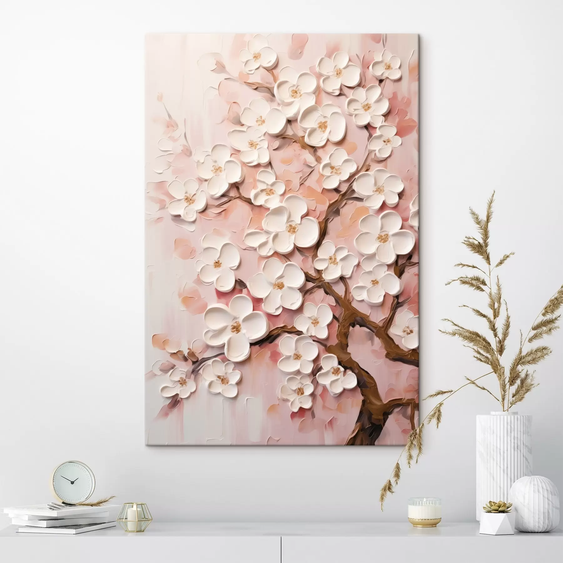 murales Rama en flor: composición en relieve en tonos rosa claro s45543