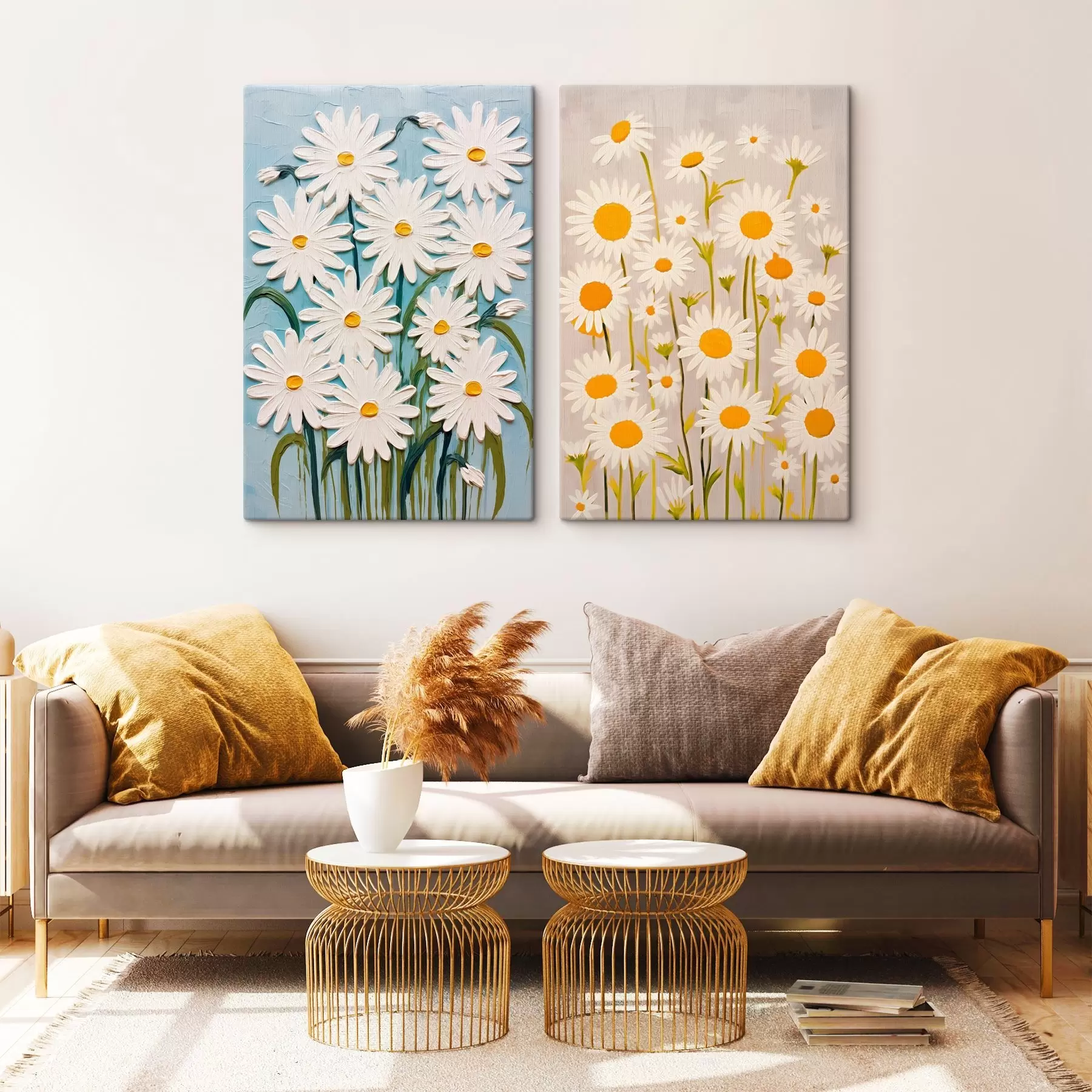 murales Frescor primaveral: díptico con voluminosas margaritas en estilo empastado m00633