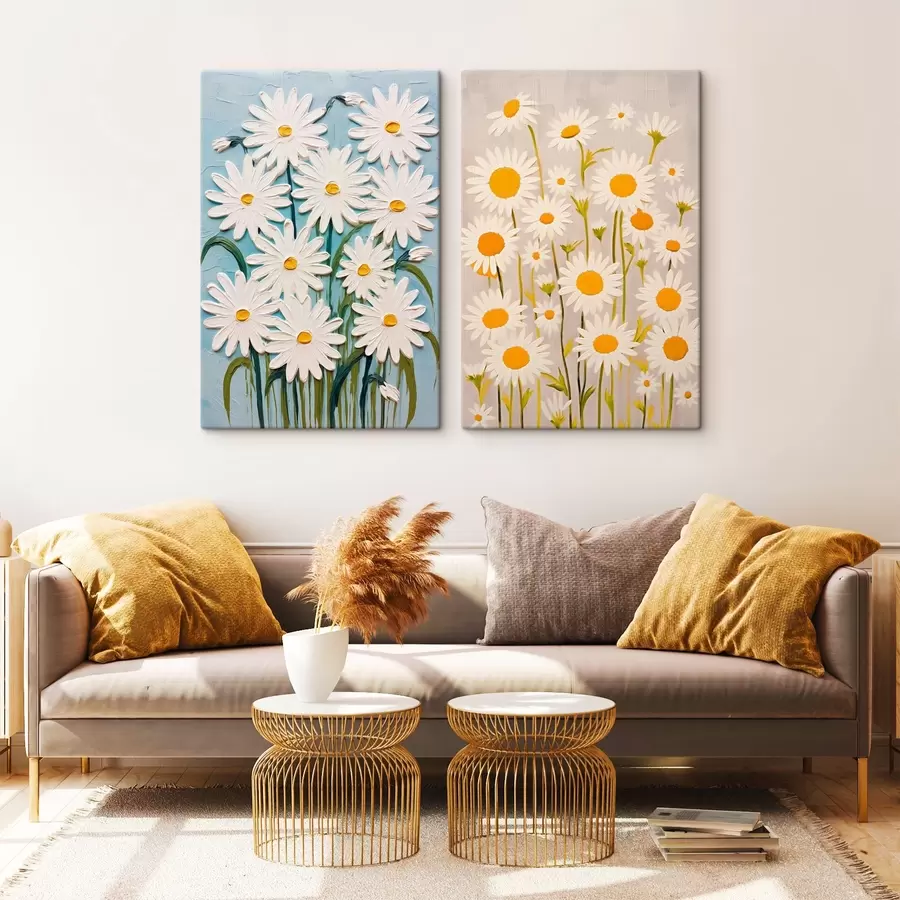 murales Frescor primaveral: díptico con voluminosas margaritas en estilo empastado m00633